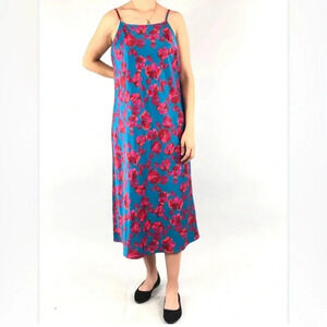 a new day Hawaiian Blue & Pink Floral Satin Slip Dress Midi Dress Fairy Beachy